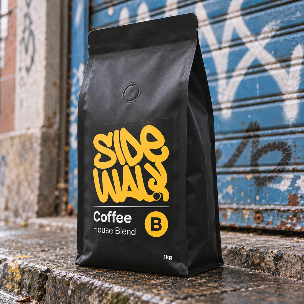 Sidewalk House Blend 1kg coffee bag photographed from a street angle with fine film grain