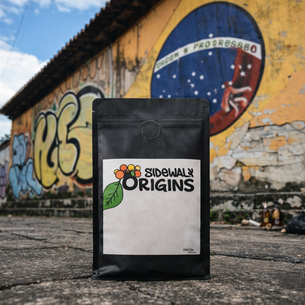 Black coffee bag with 'Sidewalk Origins' label against a graffiti-covered wall.