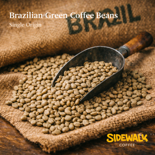 Brazilian green coffee beans with a scoop on a burlap surface, featuring the Sidewalk Coffee brand.