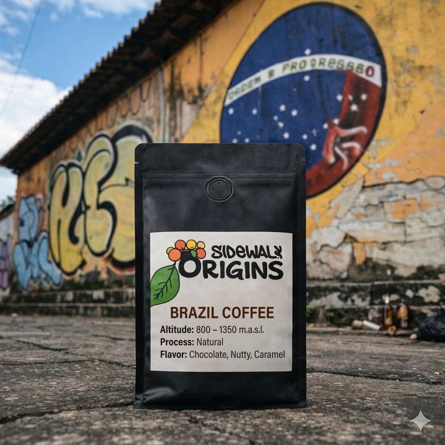 Coffee package labeled 'Sidewalk Origins' in front of a colorful mural.