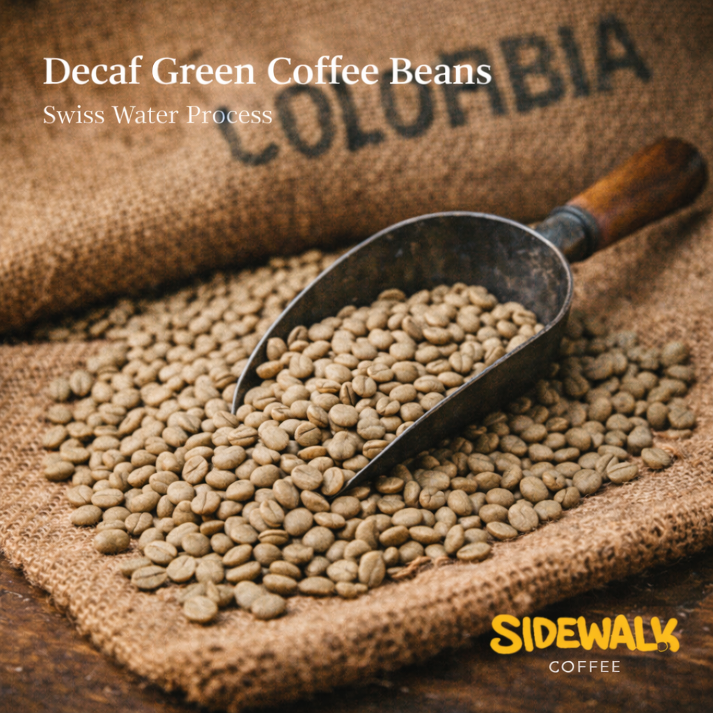 Decaf green coffee beans with a scoop on a burlap bag, featuring 'Sidewalk Coffee' branding.