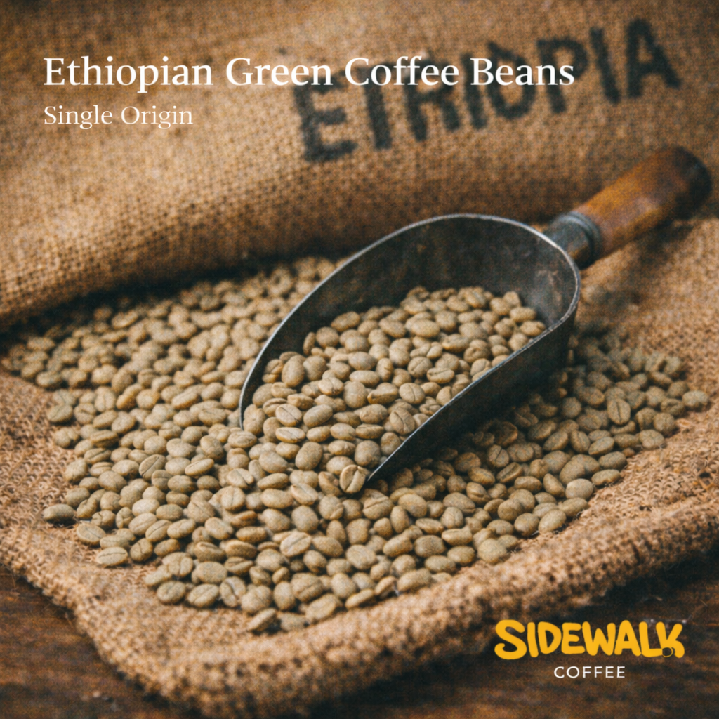 Ethiopian green coffee beans with a scoop on a burlap sack, featuring Sidewalk Coffee branding.