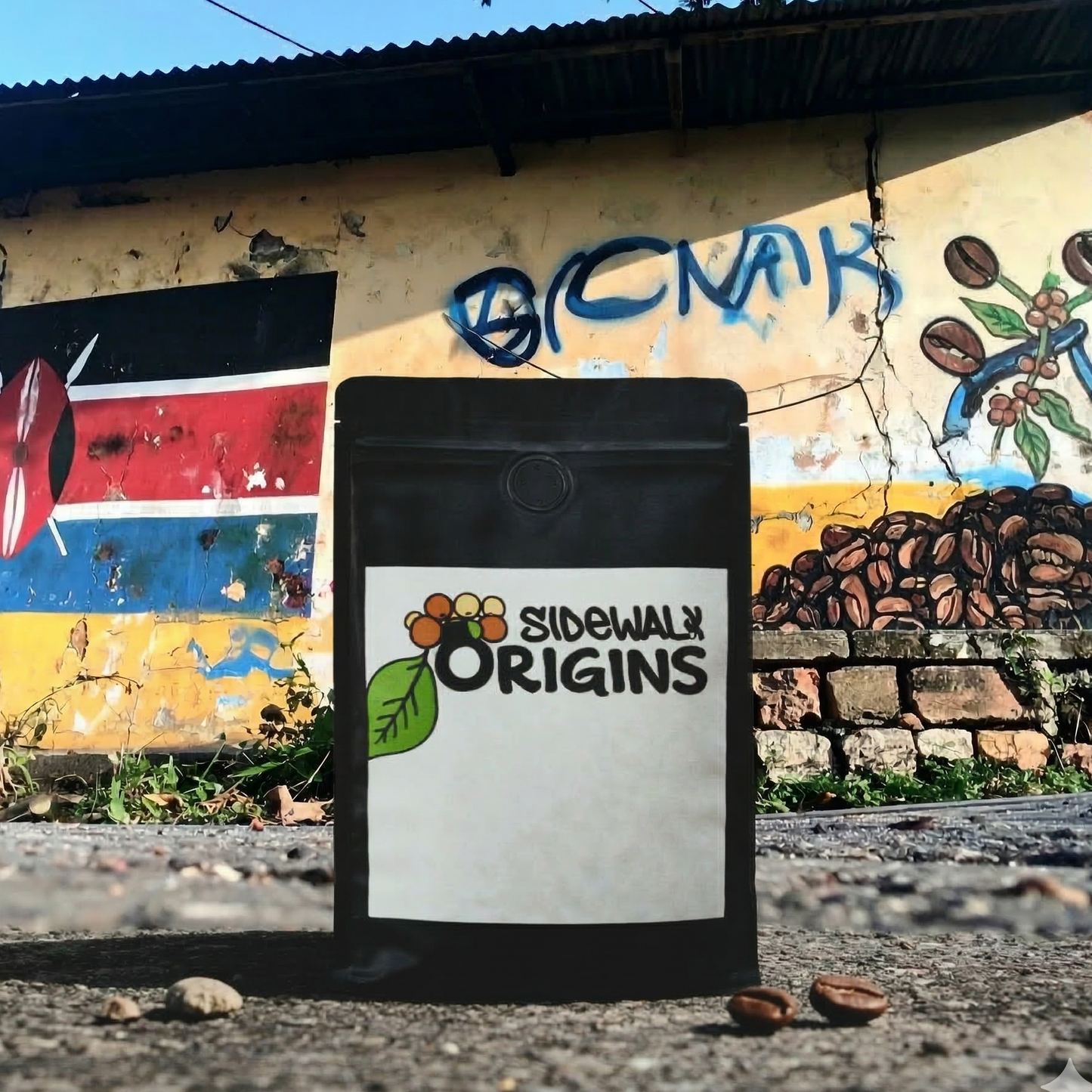 Coffee bag labeled 'Sidewalk Origins' on a street with graffiti and a flag in the background
