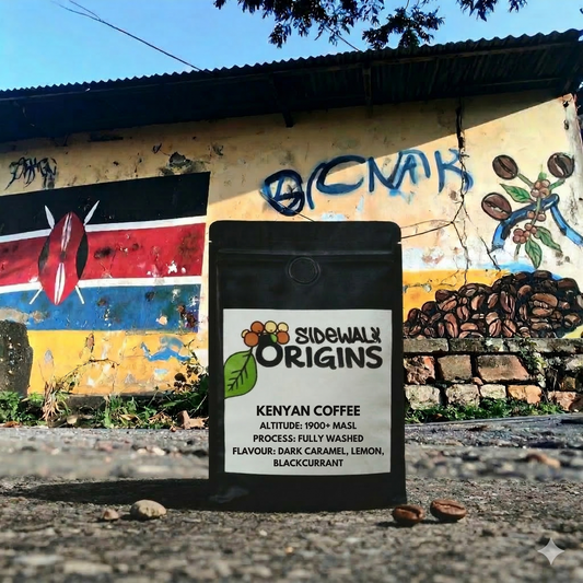 Kenyan coffee package with Sidewalk Origins branding against a colorful mural background.
