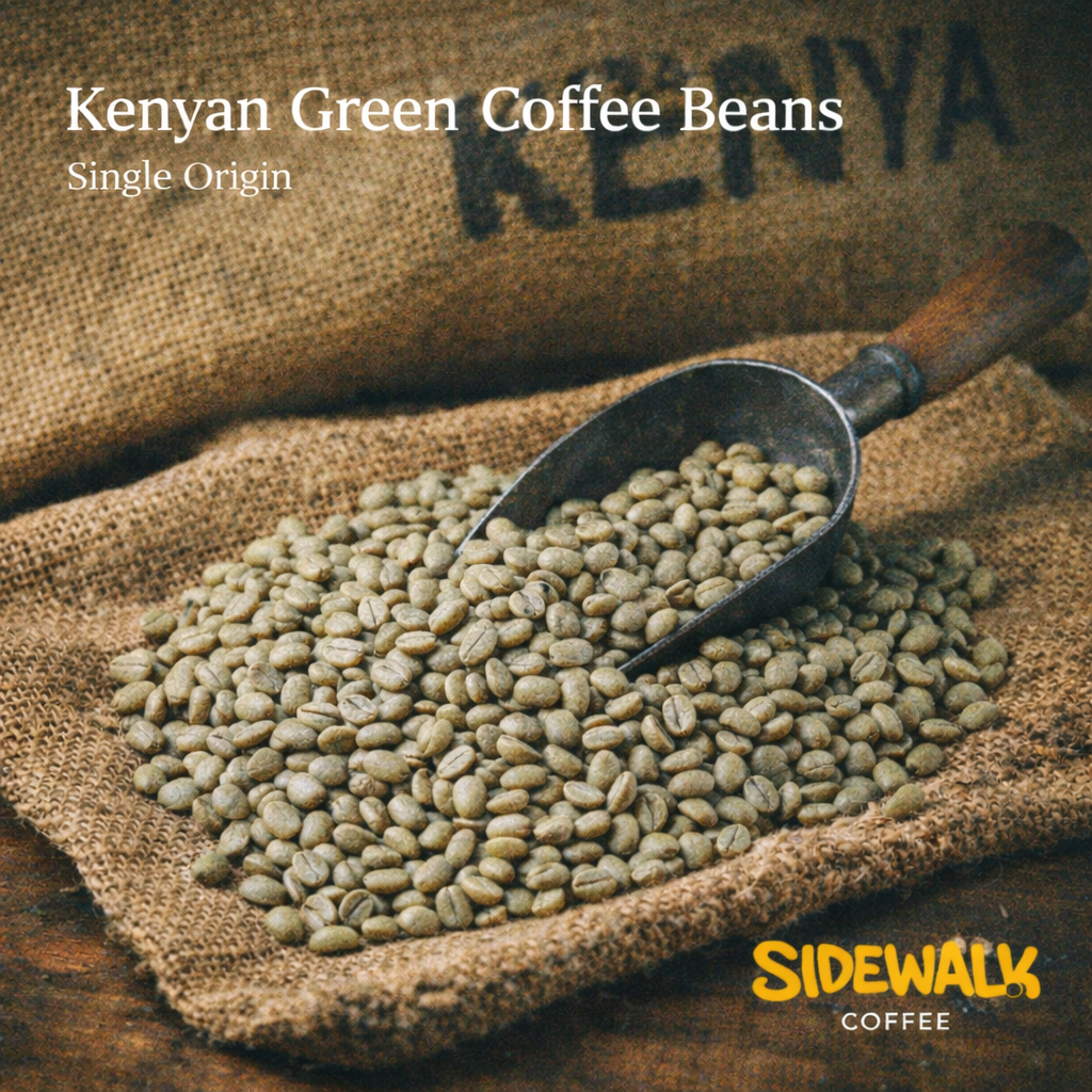 Kenyan green coffee beans with a scoop on a burlap cloth, featuring Sidewalk Coffee branding.