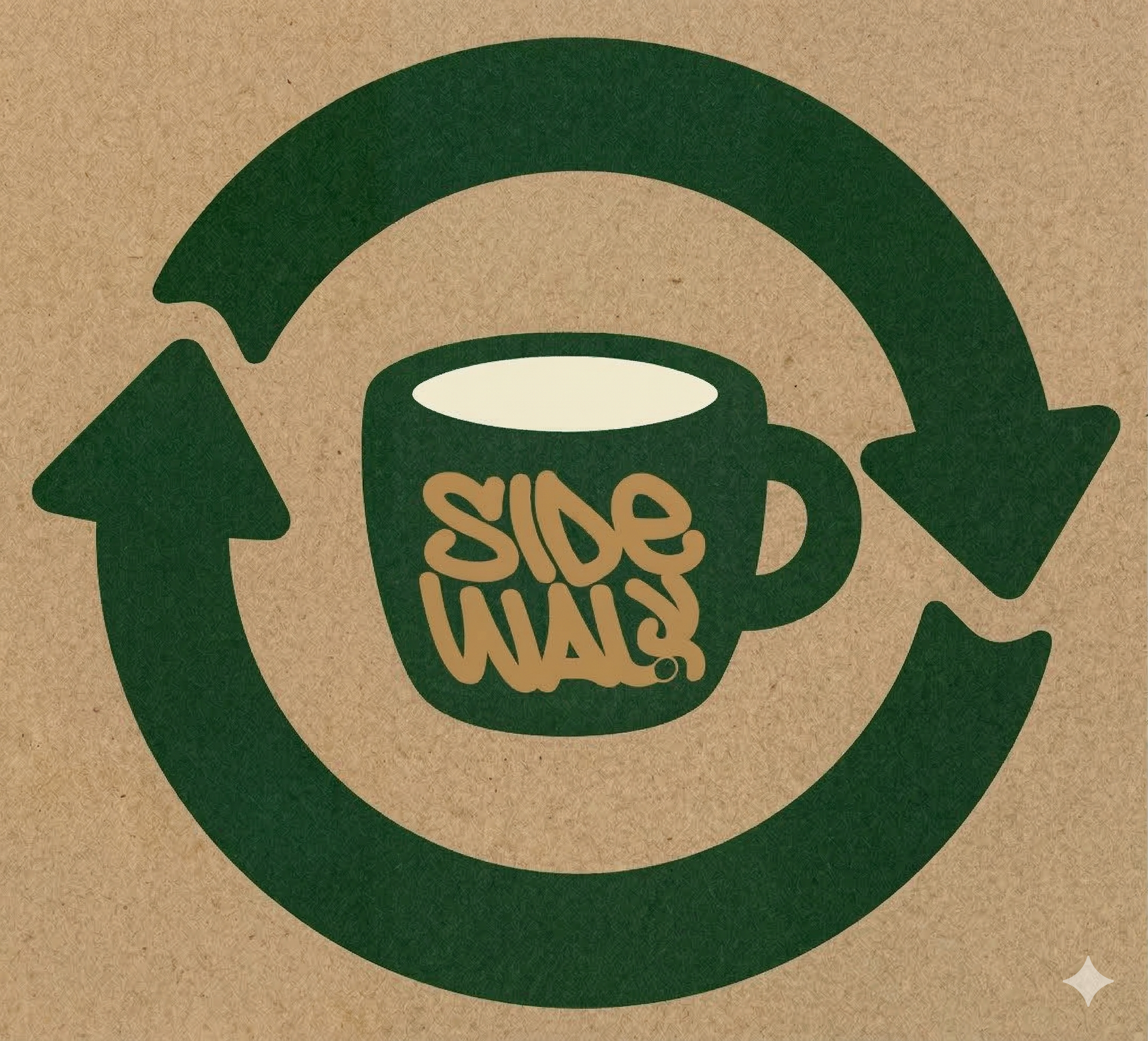 Green coffee cup with 'SIDEWALKS' text on a brown background with recycling arrows.