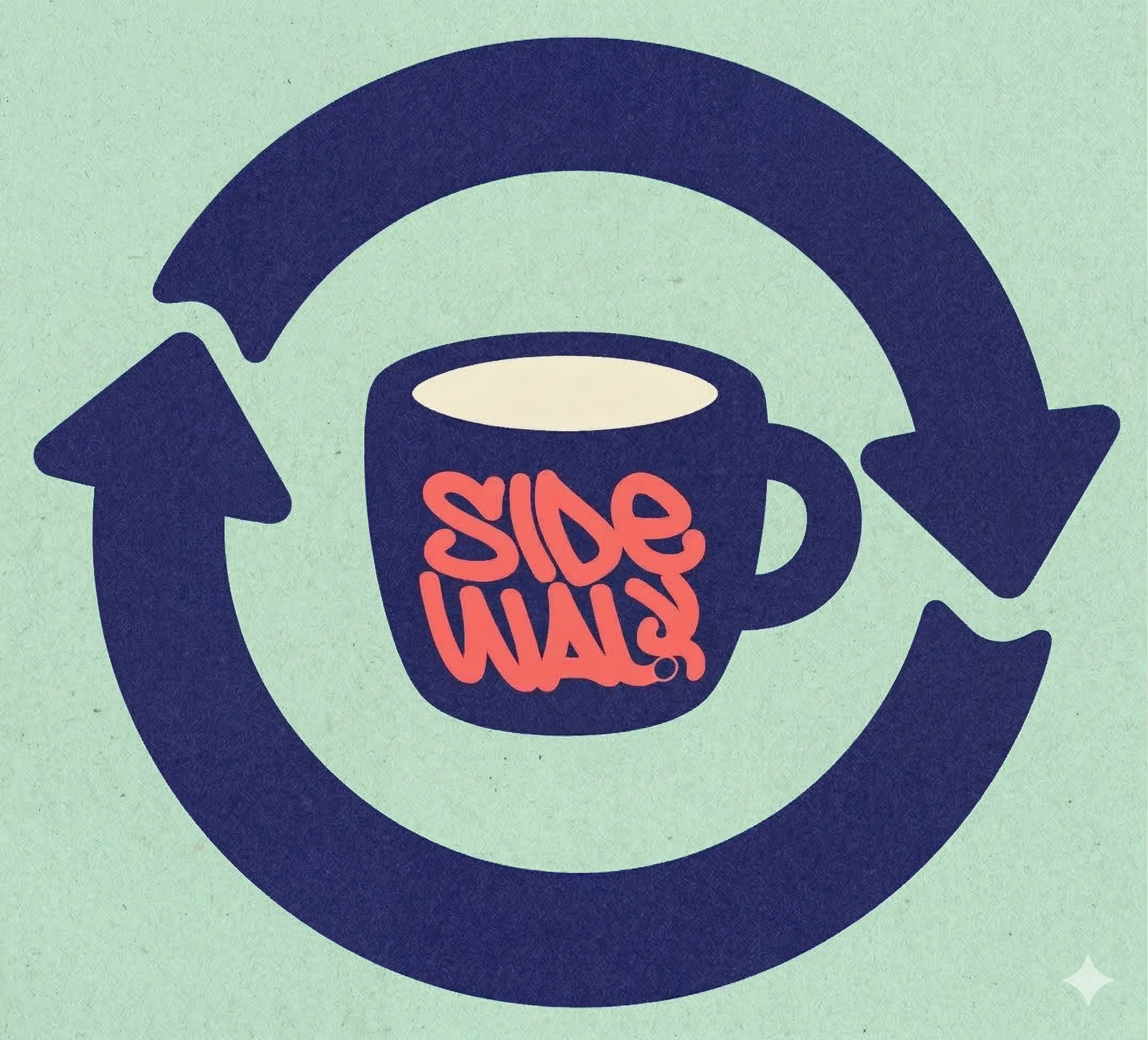 Illustration of a coffee mug with 'Sidewalk' text inside a circular arrow on a light green background